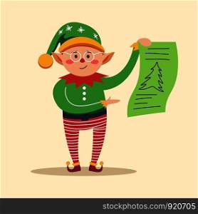 Elf holding piece of paper with pine tree print vector. Document in hands of leprechaun wearing traditional Christmas clothes and hat. Pixie with long ears, Santa Claus helper with text on page. Elf holding piece of paper with pine tree print