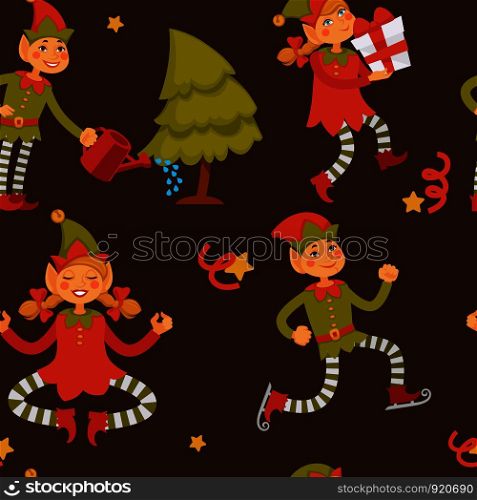 Elf male and female children in love, Santa Claus helpers vector. Seamless pattern of Christmas characters, little leprechauns, dwarfs wearing funny hats. Present boxes house chores for girl with broom. Elf male and female children in love, Santa Claus helpers vector.