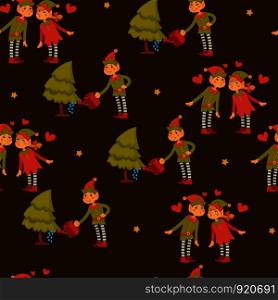Elf male and female children in love, Santa Claus helpers vector. Seamless pattern of Christmas characters, little leprechauns, dwarfs wearing funny hats. Present boxes house chores for girl with broom. Elf male and female children in love, Santa Claus helpers vector.
