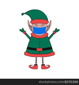 Elf of Santa in medical mask isolated on a white background.. Elf of Santa in medical mask on a white background.