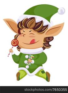 Elf or Santa helper with lollipop, Christmas character, isolated icon. Xmas holiday symbol, dwarf in green costume with sweet and cane candies. Imaginary creature from Lapland vector illustration. Christmas Elf or Santa Helper with Lollipop Icon