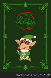 Elf or Santa helper with lollipop on Christmas greeting card with lettering in frame. Xmas party, dwarf in green costume with sweet and candies. Magic creature and holiday wishes vector illustration. Christmas Holiday Greeting Card, Elf with Lollipop