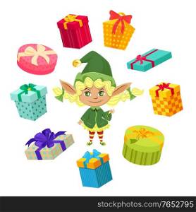 Elf preparing presents for christmas time. Little girl stand among lot of festive boxes. Carton packages tied by ribbons and bows. Character help santa claus with gifts for kids. Vector illustration. Happy Holidays, Elves Preparing Gifts for Kids