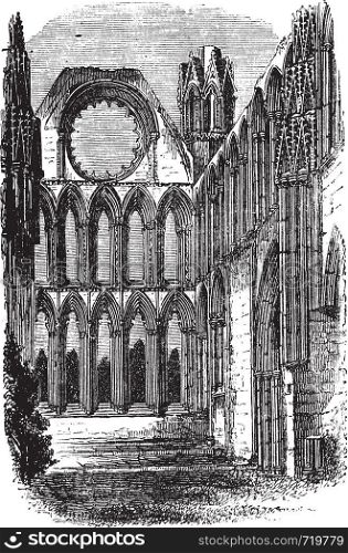 Elgin Cathedral in Moray, Scotland, during the 1890s, vintage engraving. Old engraved illustration of Elgin Cathedral.