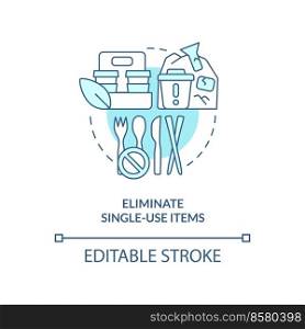 Eliminate single-use items turquoise concept icon. Transitioning into zero-waste abstract idea thin line illustration. Isolated outline drawing. Editable stroke. Arial, Myriad Pro-Bold fonts used. Eliminate single-use items turquoise concept icon