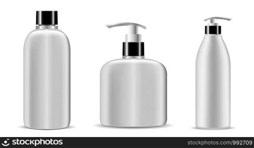 Elite cosmetic bottles set. Vector realistic mockup for containers. Shampoo bottle, soap dispenser, shower gel and other.. Cosmetic bottle set. Shampoo bottle, dispenser