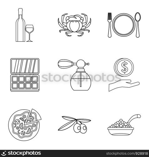 Elite place icons set. Outline set of 9 elite place vector icons for web isolated on white background. Elite place icons set, outline style
