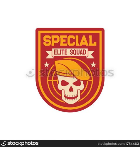 Elite special squad navy marine maritime or aviation forces isolated patch on military officer uniform with skull in beret cap with target. Vector insignia of armed forces of naval and avian warfare. Maritime or aviation forces patch skull in beret