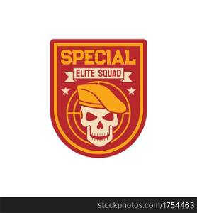 Elite special squad navy marine maritime or aviation forces isolated patch on military officer uniform with skull in beret cap with target. Vector insignia of armed forces of naval and avian warfare. Maritime or aviation forces patch skull in beret