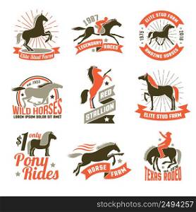 Elite stud farms for horses breeding and jockey clubs historical racing three colored emblems collection isolated vector illustration. Horse breeding labels emblems set