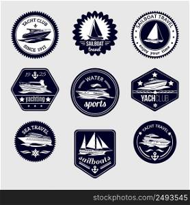 Elite world water sport yacht club sailboat sea travel design labels set black icons isolated vector illustration