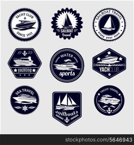 Elite world water sport yacht club sailboat sea travel design labels set black icons isolated vector illustration