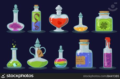 Elixir bottles set. Cartoon magic jars with potion, glass chemical vials with corks on black background. Flat vector illustration for witchcraft, alchemy, Halloween, poison concept