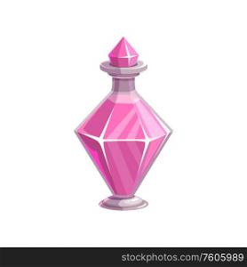 Elixir of love in diamond shape vial isolated witch potion. Vector pink mixture in magical bottle. Potion in diamond vial isolated apothecary mixture