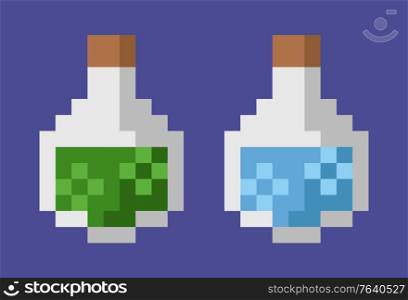 Elixirs for healing vector, isolated glass bottles with potion for curing or poison, pixel game elements, graphics of 80s 8 bit games, magical liquids set. Potions in Glass Bottles, Pixel Game Art Graphics