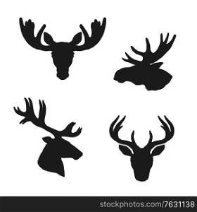 Elk moose and deer silhouettes, animals and hunting vector icons, Elk stag and deer or reindeer and roe heads with antlers and horns, wild hunt and wildlife zoo symbols set. Elk moose, deer silhouettes, animals hunting icons