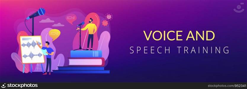 Elocution lesson. Speech improvement. Recording studio. Voice and speech training, voice projection techniques, improve your spoken skills concept. Header or footer banner template with copy space.. Voice and speech training concept banner header