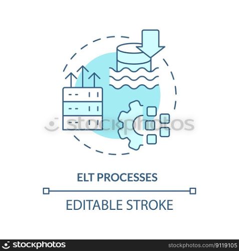 ELT processes turquoise concept icon. Extract, load and transform. Architecture abstract idea thin line illustration. Isolated outline drawing. Editable stroke. Arial, Myriad Pro-Bold fonts used. ELT processes turquoise concept icon