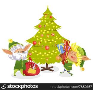 Elves fairy characters holding sack and presents near Christmas tree decorated by garland. Card with funny gnome hero in traditional costume near fir-tree. Xmas assistant with bag and gift box vector. Christmas Elf with Present near Fir-tree Vector