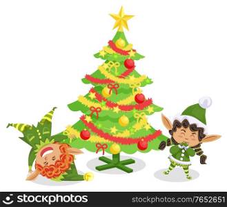 Elves funny cartoon characters tumbling near Christmas tree decorated by toys. Winter holiday card with gnome hero in traditional costume near fir-tree. Postcard with spruce and Xmas assistant vector. Christmas Card with Fir-tree and Elves Vector