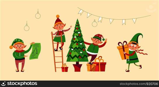 Elves preparing Christmas pine evergreen tree for winter holiday vector. Gnome wearing costume standing on ladder decorating spruce with baubles. Presents and gift boxes below decorated for symbol. Elves preparing Christmas pine evergreen tree for winter holiday vector.