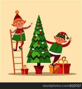 Elves preparing Christmas pine evergreen tree for winter holiday vector. Gnome wearing costume standing on ladder decorating spruce with baubles. Presents and gift boxes below decorated for symbol. Elves preparing Christmas pine evergreen tree for winter holiday
