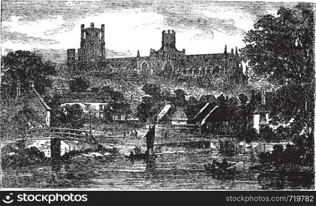 Ely Cathedral in Cambridgeshire, England, United Kingdom, during the 1890s, vintage engraving. Old engraved illustration of Ely Cathedral.