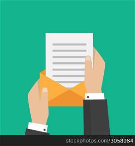 Email and incoming messages concept. Vector illustration. Hand holds envelope.