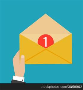 Email and incoming messages concept. Vector illustration. Hand holds envelope. . Hand holds envelope. Email and incoming messages concept. Vector illustration