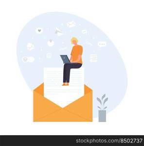 Email and messaging concept. Woman sitting on big envelope and working at laptop. Cartoon female character receiving letters and notifications from social media, email marketing vector. Email and messaging concept. Woman sitting on big envelope and working at laptop. Cartoon female character receiving letters
