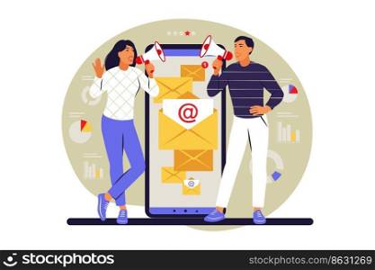 Email c&aign concept. Subscription. People use e-mail marketing in smartphone. Vector illustration. Flat.