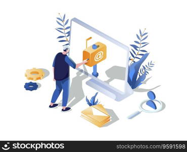 Email concept 3d isometric web scene. People sending and receiving letters at mailbox, using online correspondence computer programs for communication. Vector illustration in isometry graphic design