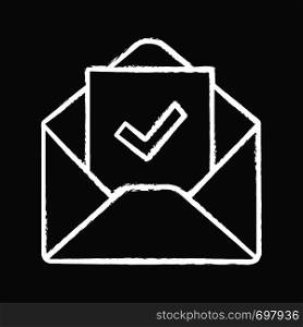 Email confirmation chalk icon. E-mail approval response. Hiring letter. Email with check mark. Employment verification letter. Isolated vector chalkboard illustration. Email confirmation chalk icon