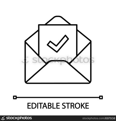 Email confirmation linear icon. E-mail approval response. Thin line illustration. Hiring letter. Email with check mark. Employment verification letter. Vector isolated outline drawing. Editable stroke. Email confirmation linear icon