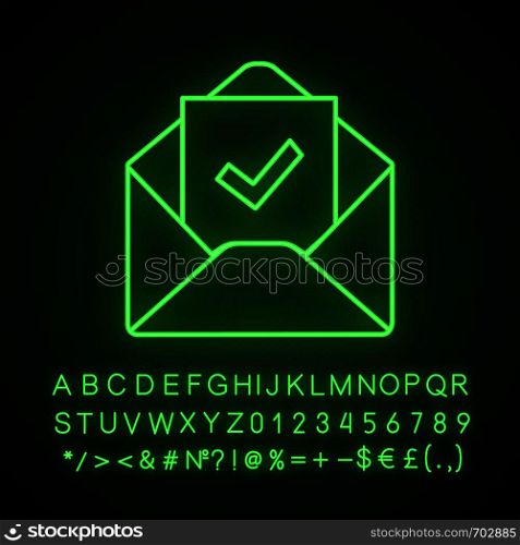 Email confirmation neon light icon. E-mail approval response. Hiring letter. Email with check mark. Employment verification letter. Glowing sign with alphabet, numbers. Vector isolated illustration. Email confirmation neon light icon