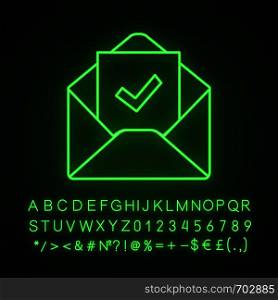 Email confirmation neon light icon. E-mail approval response. Hiring letter. Email with check mark. Employment verification letter. Glowing sign with alphabet, numbers. Vector isolated illustration. Email confirmation neon light icon