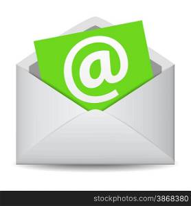 Email icon vector clip art for web contact and business newsletter with an e-mail envelope and at symbol on a green paper note EPS 10 illustration isolated on white background.
