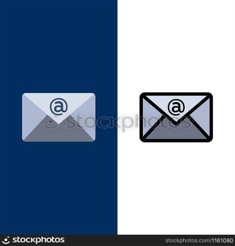 Email, Inbox, Mail Icons. Flat and Line Filled Icon Set Vector Blue Background