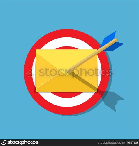 Email letter with arrow on the target. Email marketing, internet advertising concepts. Vector illustration in flat style. Email letter with arrow on the target.