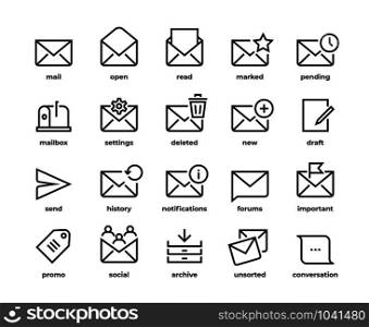 Email line icons. Application UI envelope symbols, create new mail, delete send favorite and notification. Vector illustration outline e-mail set through message in envelope and mailbox. Email line icons. Application UI envelope symbols, create new mail, delete send favorite and notification. Vector outline email set
