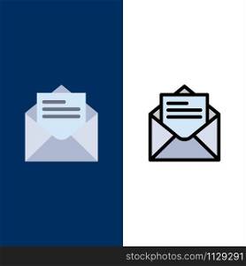 Email, Mail, Message, Text Icons. Flat and Line Filled Icon Set Vector Blue Background
