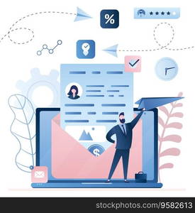 Email marketing concept background. Laptop with inbox mail and handsome businessman launches paper plane for promotion. Sale message. Business signs and icons, trendy style vector illustration