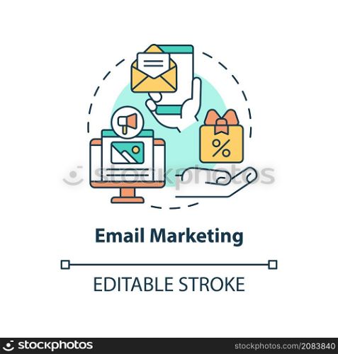 Email marketing concept icon. Campaign to search new customers abstract idea thin line illustration. Isolated outline drawing. Editable stroke. Roboto-Medium, Myriad Pro-Bold fonts used. Email marketing concept icon