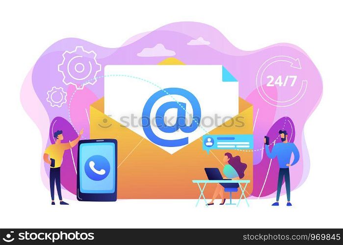 Email marketing, Internet chatting, 24 hours support. Get in touch, initiate contact, contact us, feedback online form, talk to customers concept. Bright vibrant violet vector isolated illustration. Get in touch concept vector illustration.