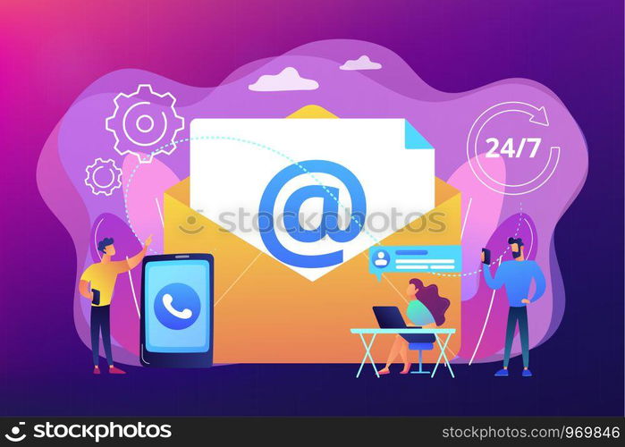 Email marketing, Internet chatting, 24 hours support. Get in touch, initiate contact, contact us, feedback online form, talk to customers concept. Bright vibrant violet vector isolated illustration. Get in touch concept vector illustration.