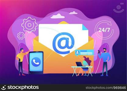 Email marketing, Internet chatting, 24 hours support. Get in touch, initiate contact, contact us, feedback online form, talk to customers concept. Bright vibrant violet vector isolated illustration. Get in touch concept vector illustration.