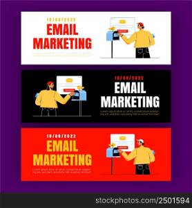 Email marketing posters. Concept of drip campaign, business promotion by electronic mail. Vector horizontal banners of digital advertising with flat illustration of man send letters. Email marketing, drip campaign posters