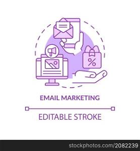 Email marketing purple concept icon. New customers engaging abstract idea thin line illustration. Isolated outline drawing. Editable stroke. Roboto-Medium, Myriad Pro-Bold fonts used. Email marketing purple concept icon