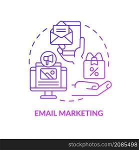 Email marketing purple gradient concept icon. Advertising campaign to involve customers abstract idea thin line illustration. Isolated outline drawing. Roboto-Medium, Myriad Pro-Bold fonts used. Email marketing purple gradient concept icon