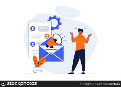 Email marketing web concept with character scene. Man making advertising in online chats and promo mailings. People situation in flat design. Vector illustration for social media marketing material.